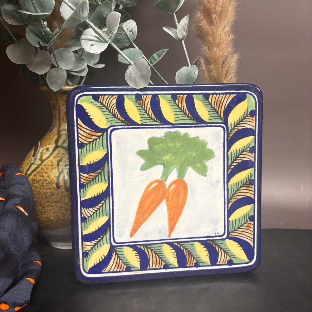 Handmade Mexico Tile Trivet | Carrot Ceramic Wall Decor | 7 Inch Folk Art